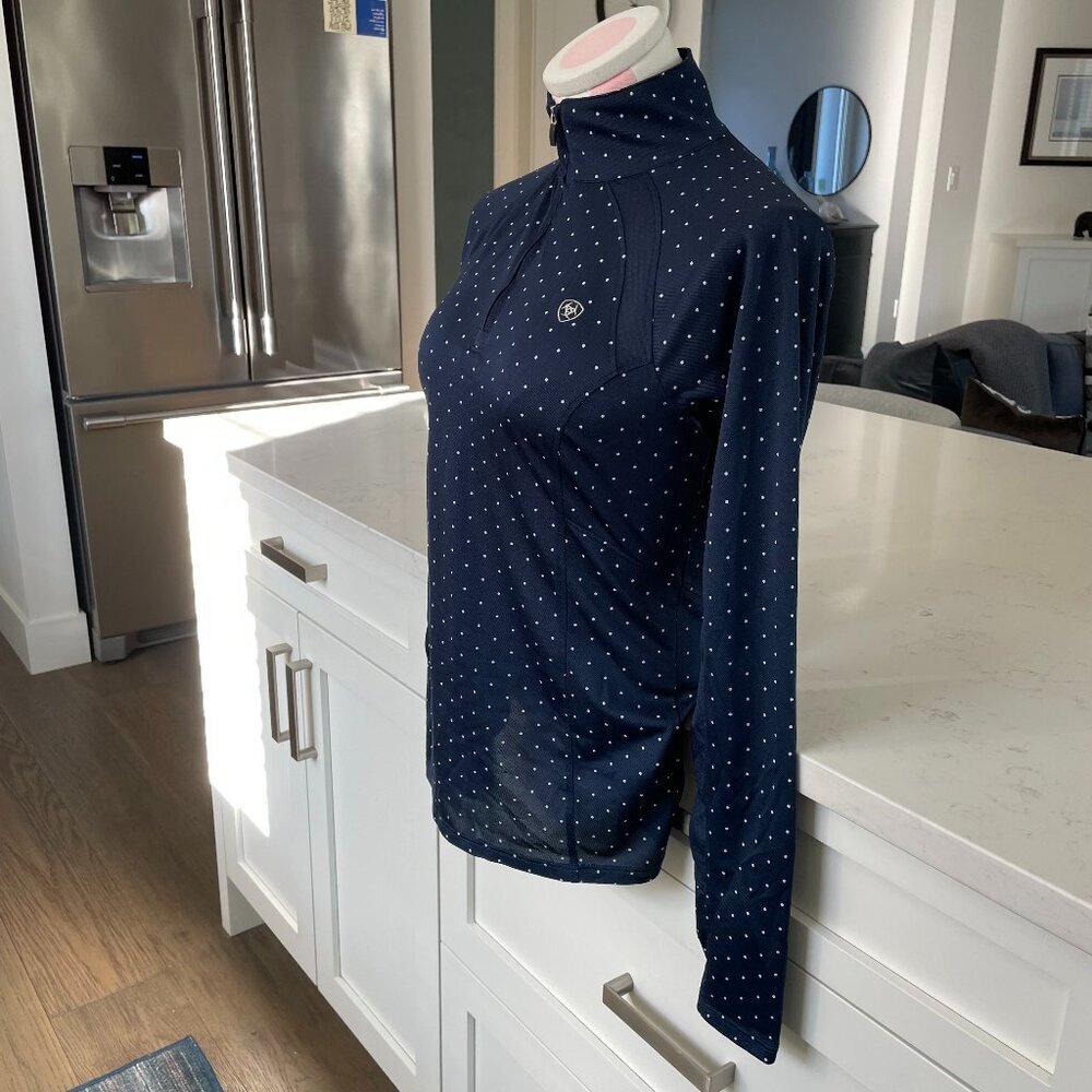 Ariat Tek Sunstopper 2.0 LS Hi Nk 1/4 Zip Athletic Top Polka Dot Navy White XS